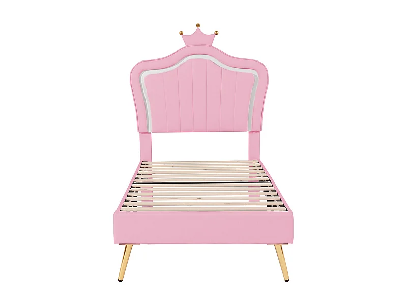 Lit jeune lit 90x200 cm lit rembourré lit simple avec lampes led et sommier à lattes cuir synthétique rose