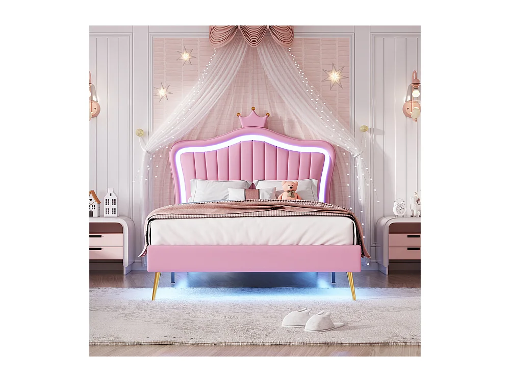 Lit jeune lit 90x200 cm lit rembourré lit simple avec lampes led et sommier à lattes cuir synthétique rose