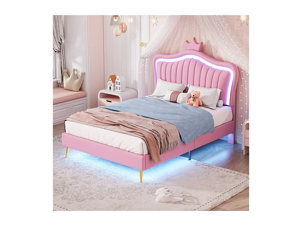 Lit jeune lit 90x200 cm lit rembourré lit simple avec lampes led et sommier à lattes cuir synthétique rose