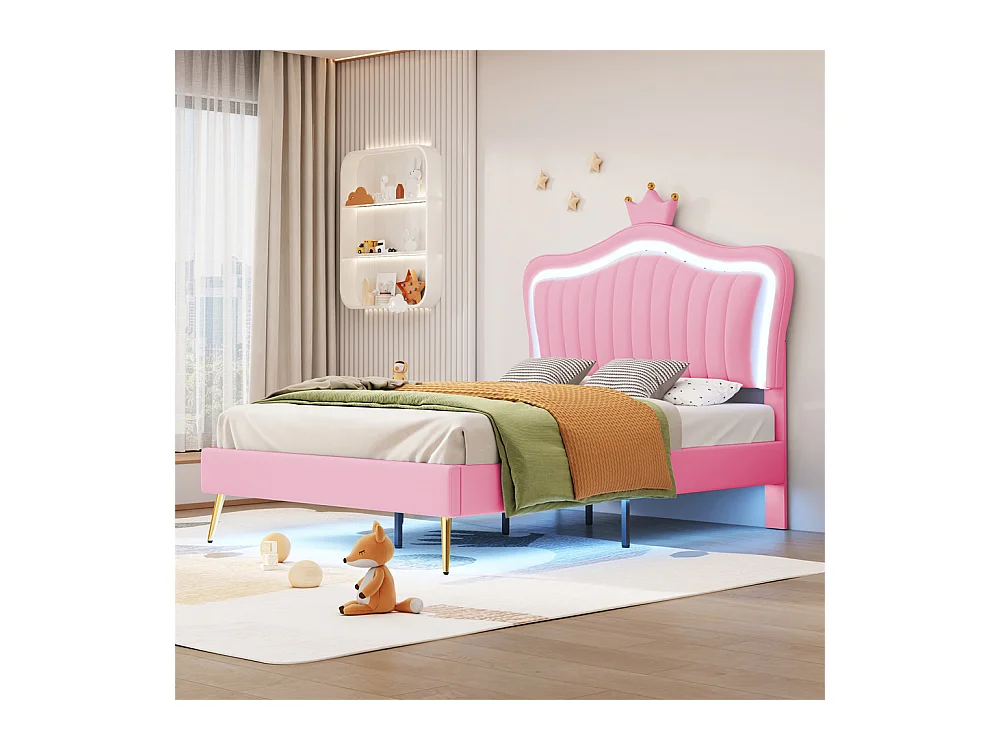 Lit jeune lit 90x200 cm lit rembourré lit simple avec lampes led et sommier à lattes cuir synthétique rose