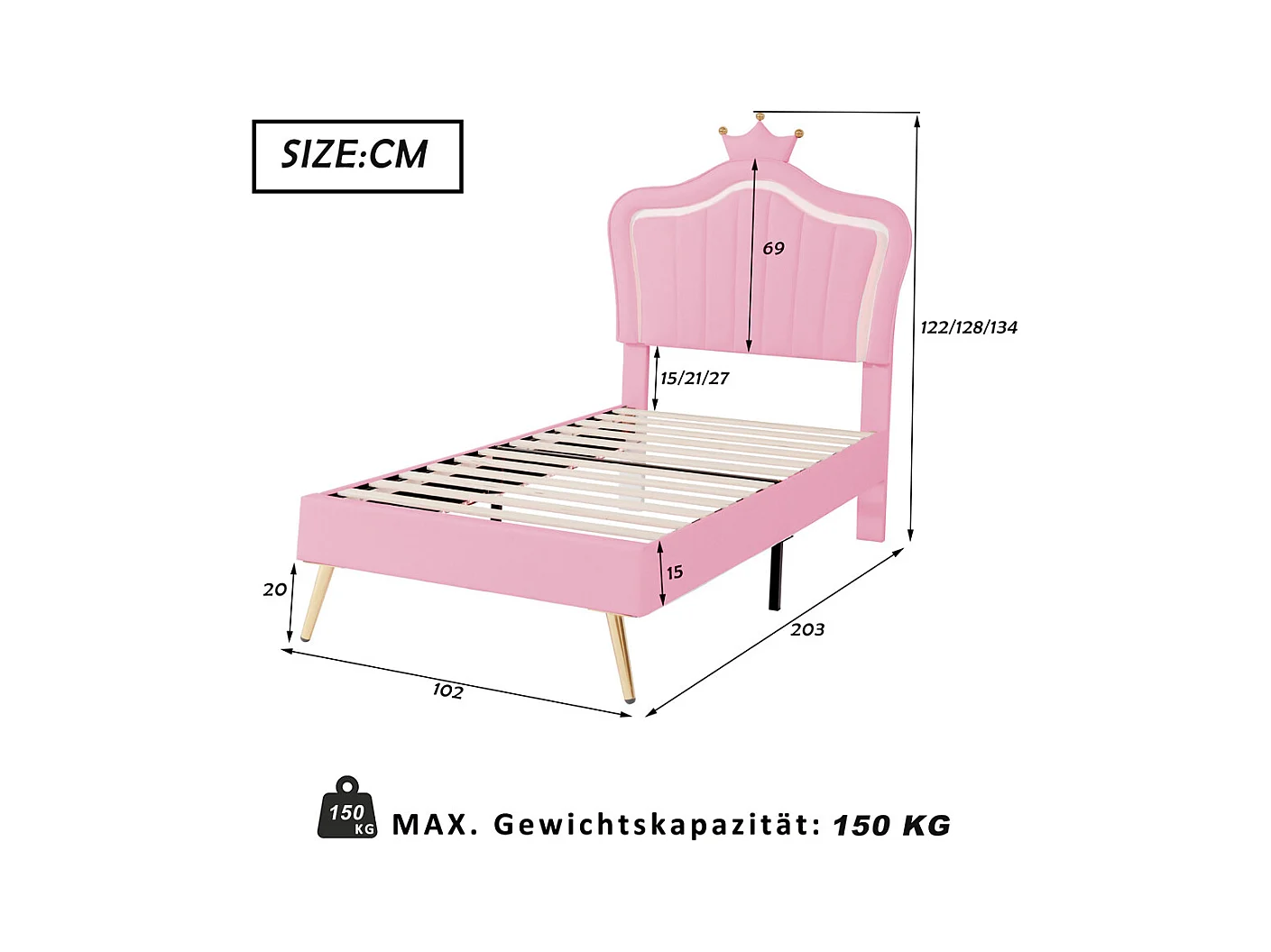 Lit jeune lit 90x200 cm lit rembourré lit simple avec lampes led et sommier à lattes cuir synthétique rose