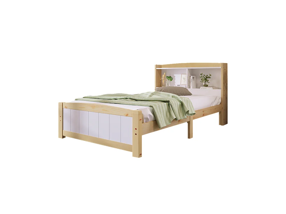 Lit jeune lit 90x200 cm avec sommier à lattes lit simple bois massif naturel+blanc