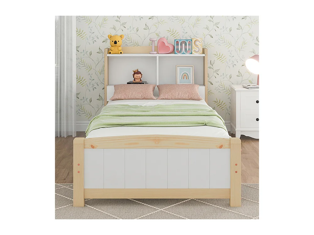 Lit jeune lit 90x200 cm avec sommier à lattes lit simple bois massif naturel+blanc