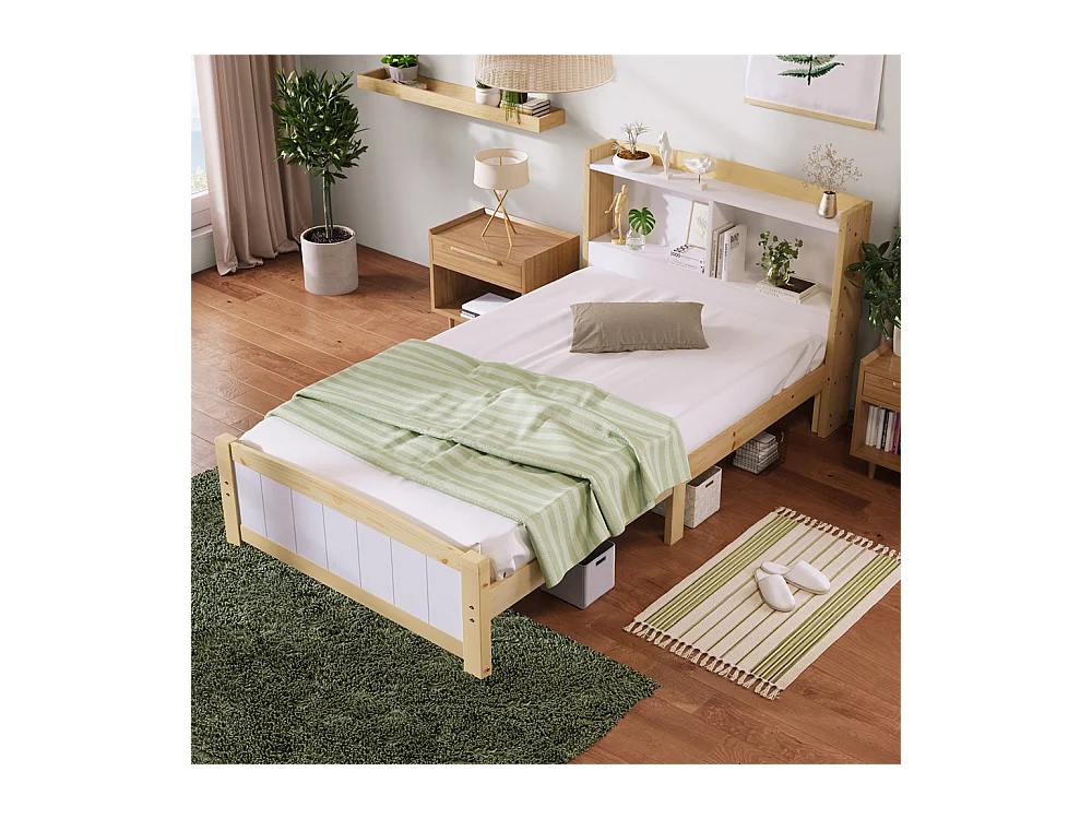 Lit jeune lit 90x200 cm avec sommier à lattes lit simple bois massif naturel+blanc