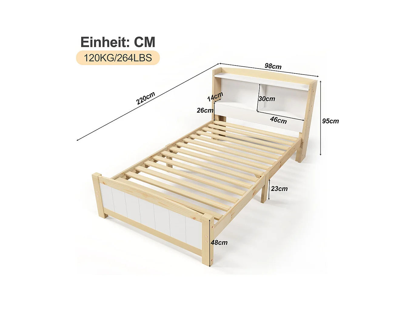 Lit jeune lit 90x200 cm avec sommier à lattes lit simple bois massif naturel+blanc