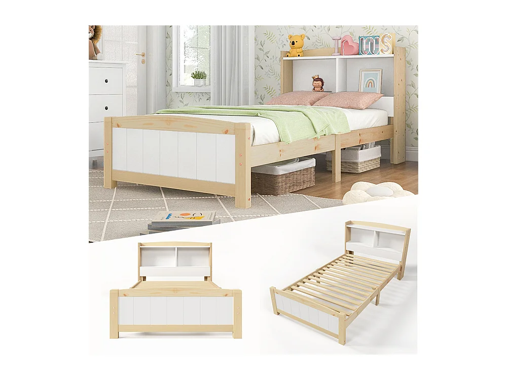 Lit jeune lit 90x200 cm avec sommier à lattes lit simple bois massif naturel+blanc