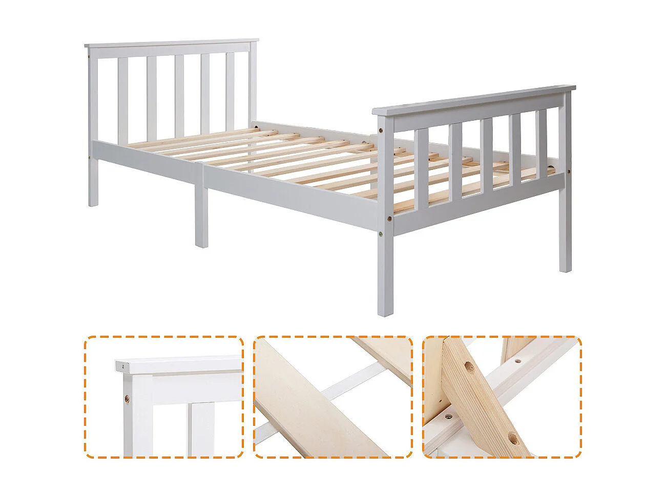 Lit jeune lit 90x200 cm lit sommier à lattes en bois lit simple bois massif blanc