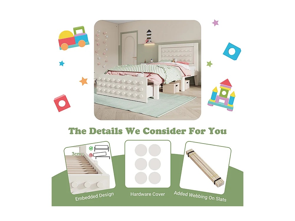 Lit simple en bois 90x200 cm, lit enfant au design créatif en blocs, avec tiroirs, blanc, sans matelas