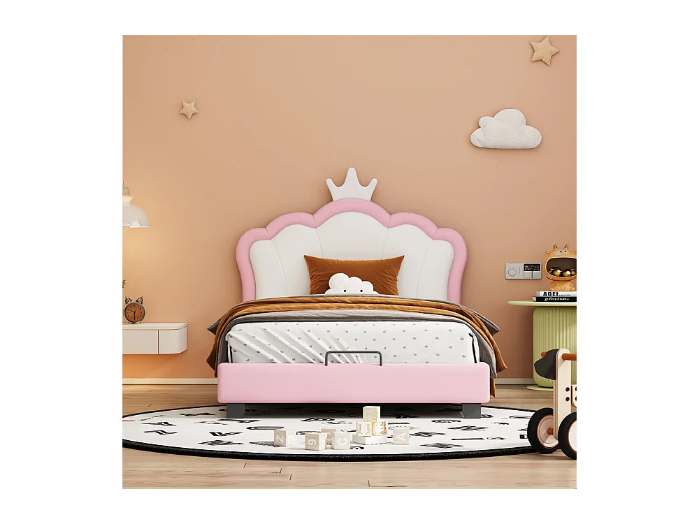 Lit jeune lit 90x200 cm lit rembourré lit sommier à lattes lit simple cuir synthétique rose