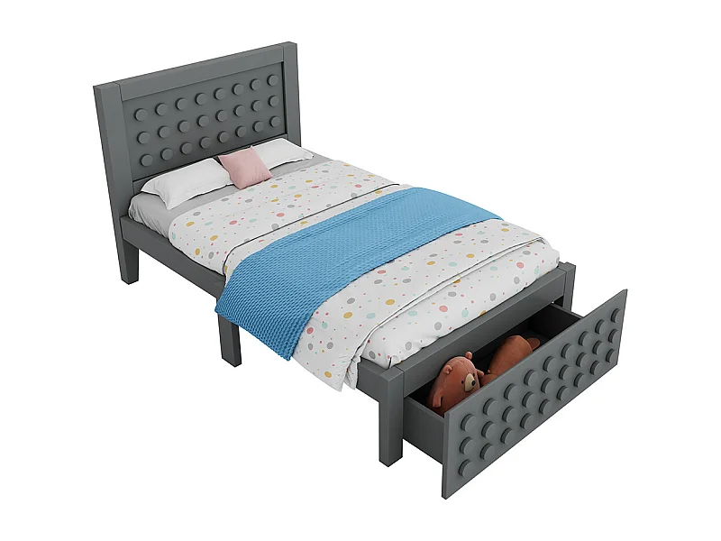 Lit simple en bois 90x200 cm, lit enfant au design créatif en blocs, avec tiroirs, gris, sans matelas