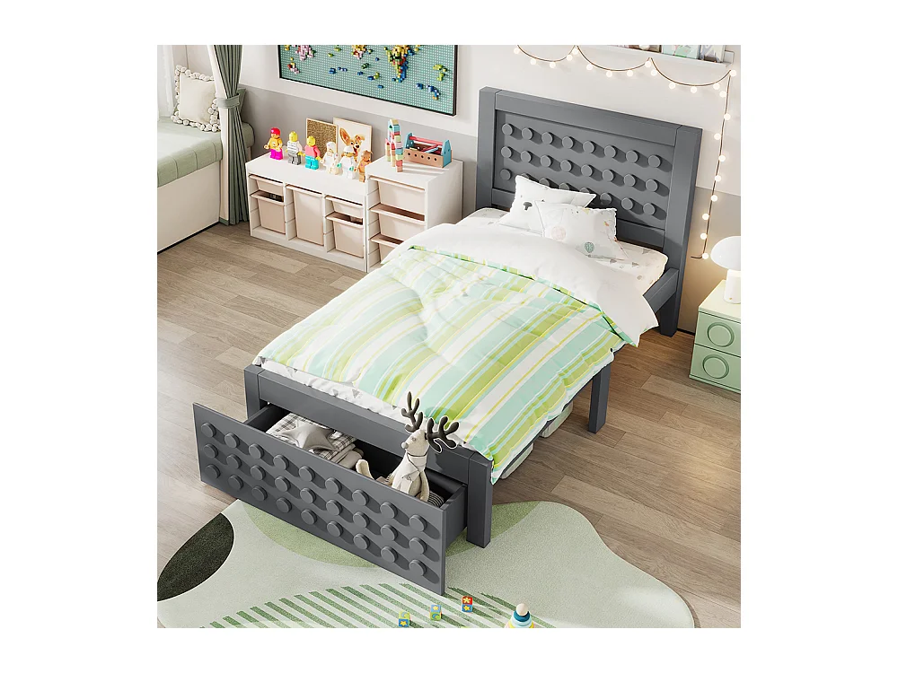 Lit simple en bois 90x200 cm, lit enfant au design créatif en blocs, avec tiroirs, gris, sans matelas