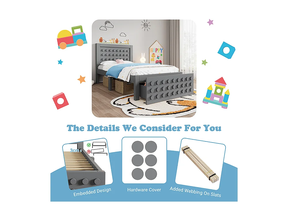 Lit simple en bois 90x200 cm, lit enfant au design créatif en blocs, avec tiroirs, gris, sans matelas