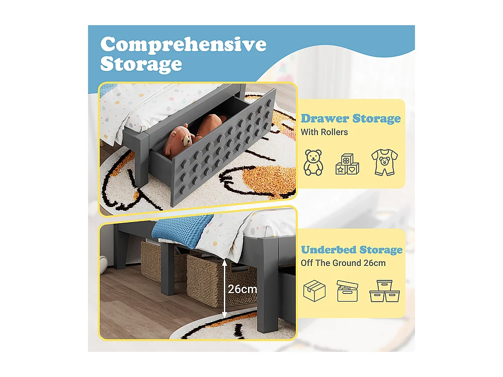 Lit simple en bois 90x200 cm, lit enfant au design créatif en blocs, avec tiroirs, gris, sans matelas