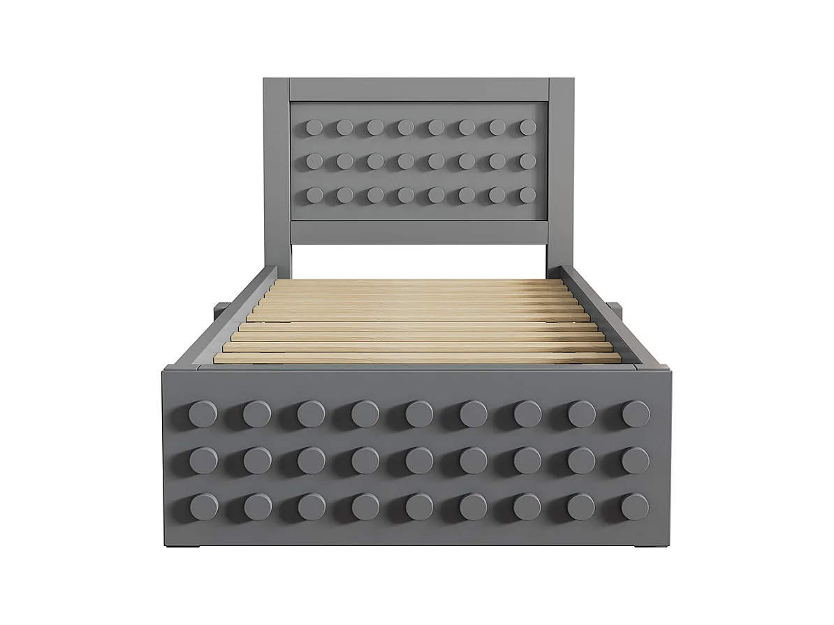 Lit simple en bois 90x200 cm, lit enfant au design créatif en blocs, avec tiroirs, gris, sans matelas