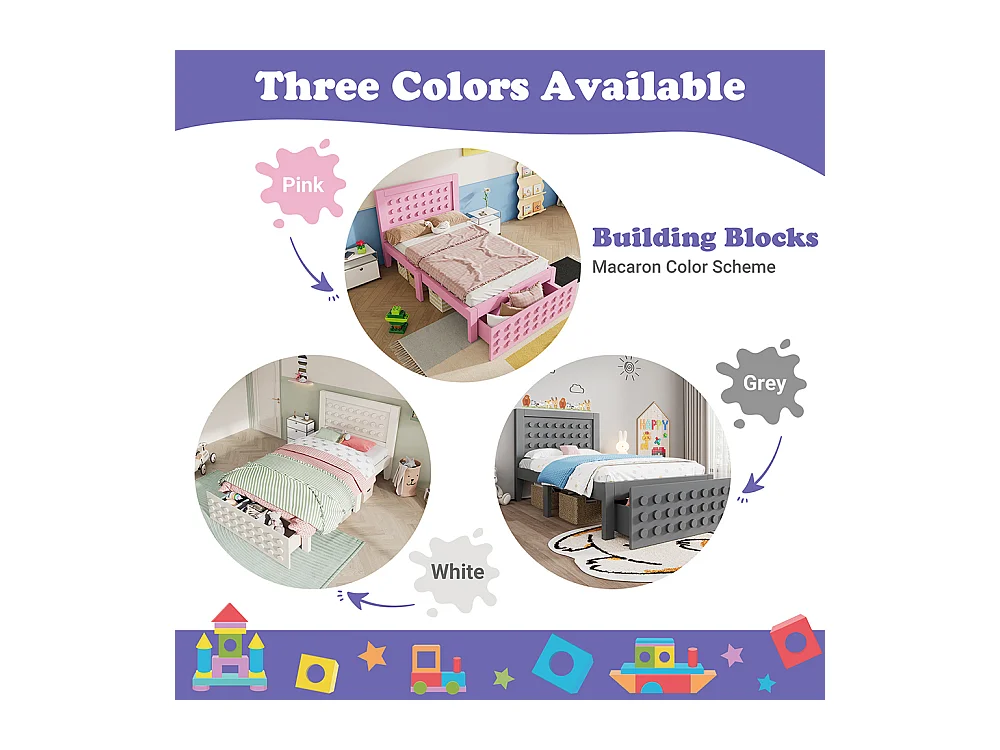 Lit simple en bois 90x200 cm, lit enfant au design créatif en blocs, avec tiroirs, gris, sans matelas