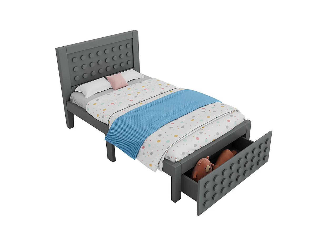 Lit simple en bois 90x200 cm, lit enfant au design créatif en blocs, avec tiroirs, gris, sans matelas