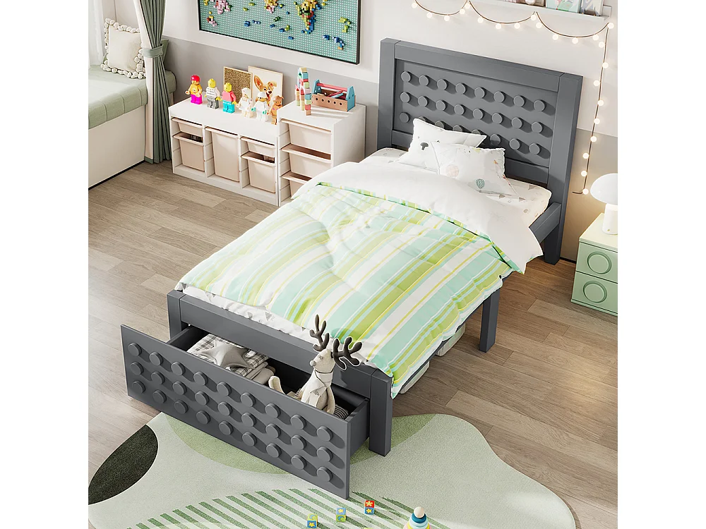 Lit simple en bois 90x200 cm, lit enfant au design créatif en blocs, avec tiroirs, gris, sans matelas