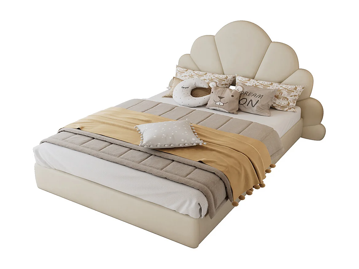 Lit rembourré lit double 140x200cm, tête de lit avec pétales courbés, velours, beige