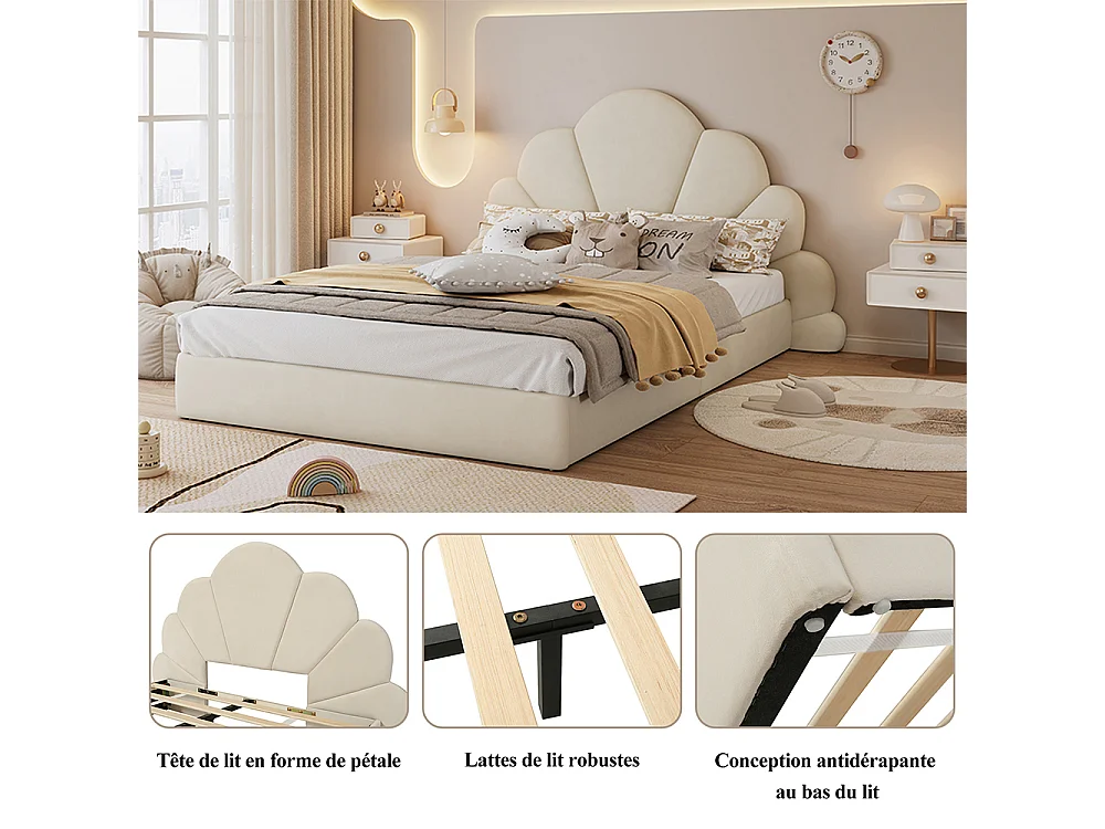 Lit rembourré lit double 140x200cm, tête de lit avec pétales courbés, velours, beige