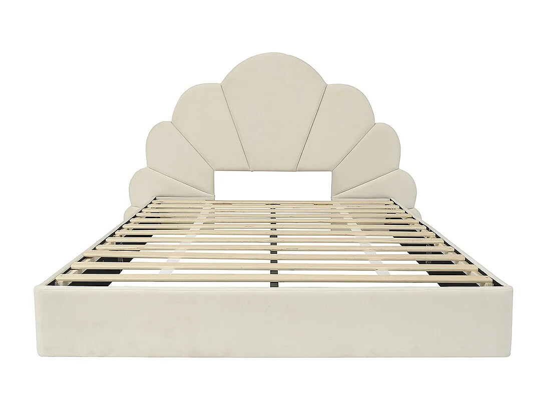 Lit rembourré lit double 140x200cm, tête de lit avec pétales courbés, velours, beige