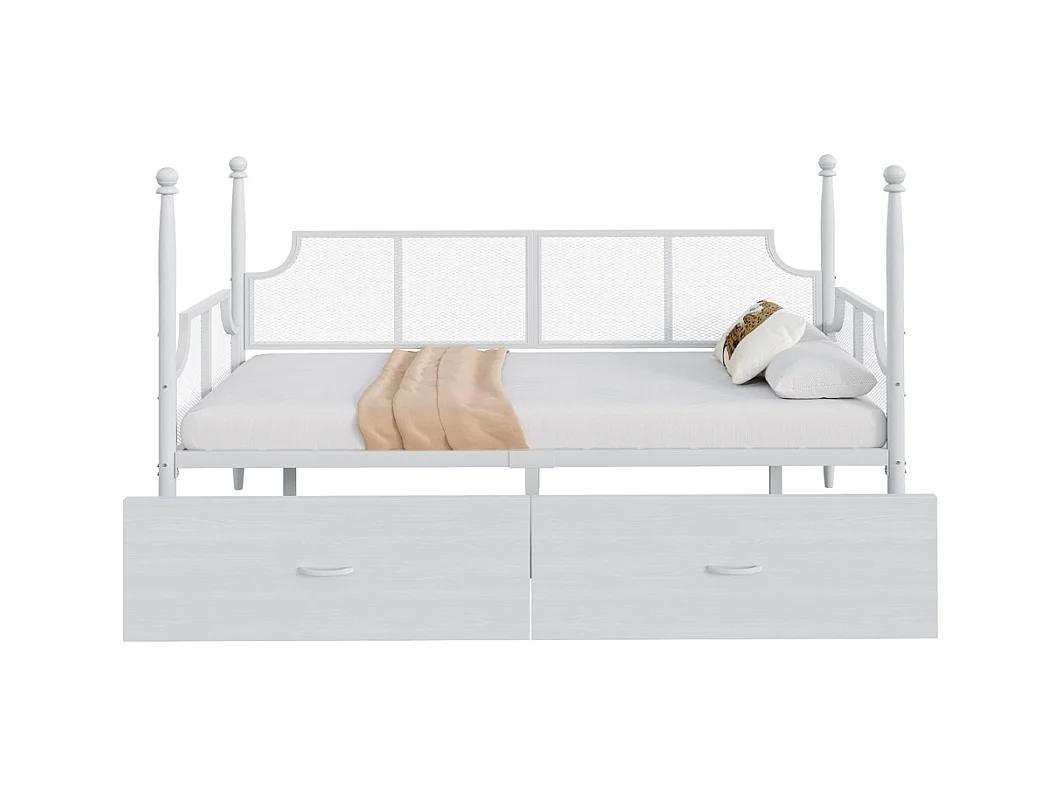 Lit en fer 90x200cm, lit simple avec dossier en filet, accoudoirs et support de colonne, cadre en métal avec compartiments de rangement, lit pour adolescent, blanc