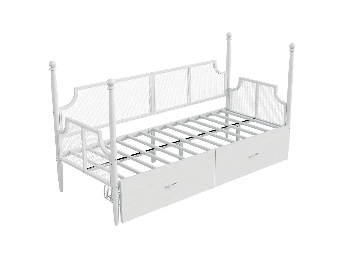 Lit en fer 90x200cm, lit simple avec dossier en filet, accoudoirs et support de colonne, cadre en métal avec compartiments de rangement, lit pour adolescent, blanc