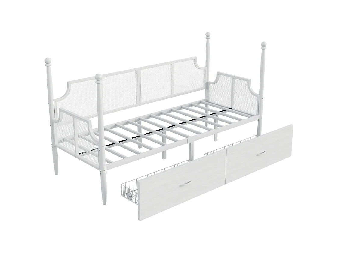 Lit en fer 90x200cm, lit simple avec dossier en filet, accoudoirs et support de colonne, cadre en métal avec compartiments de rangement, lit pour adolescent, blanc