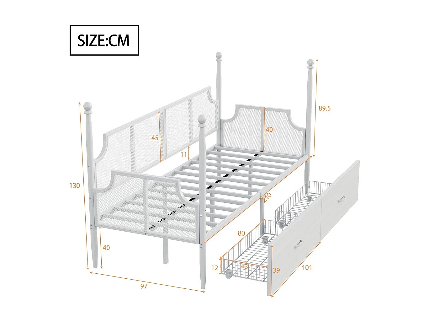 Lit en fer 90x200cm, lit simple avec dossier en filet, accoudoirs et support de colonne, cadre en métal avec compartiments de rangement, lit pour adolescent, blanc