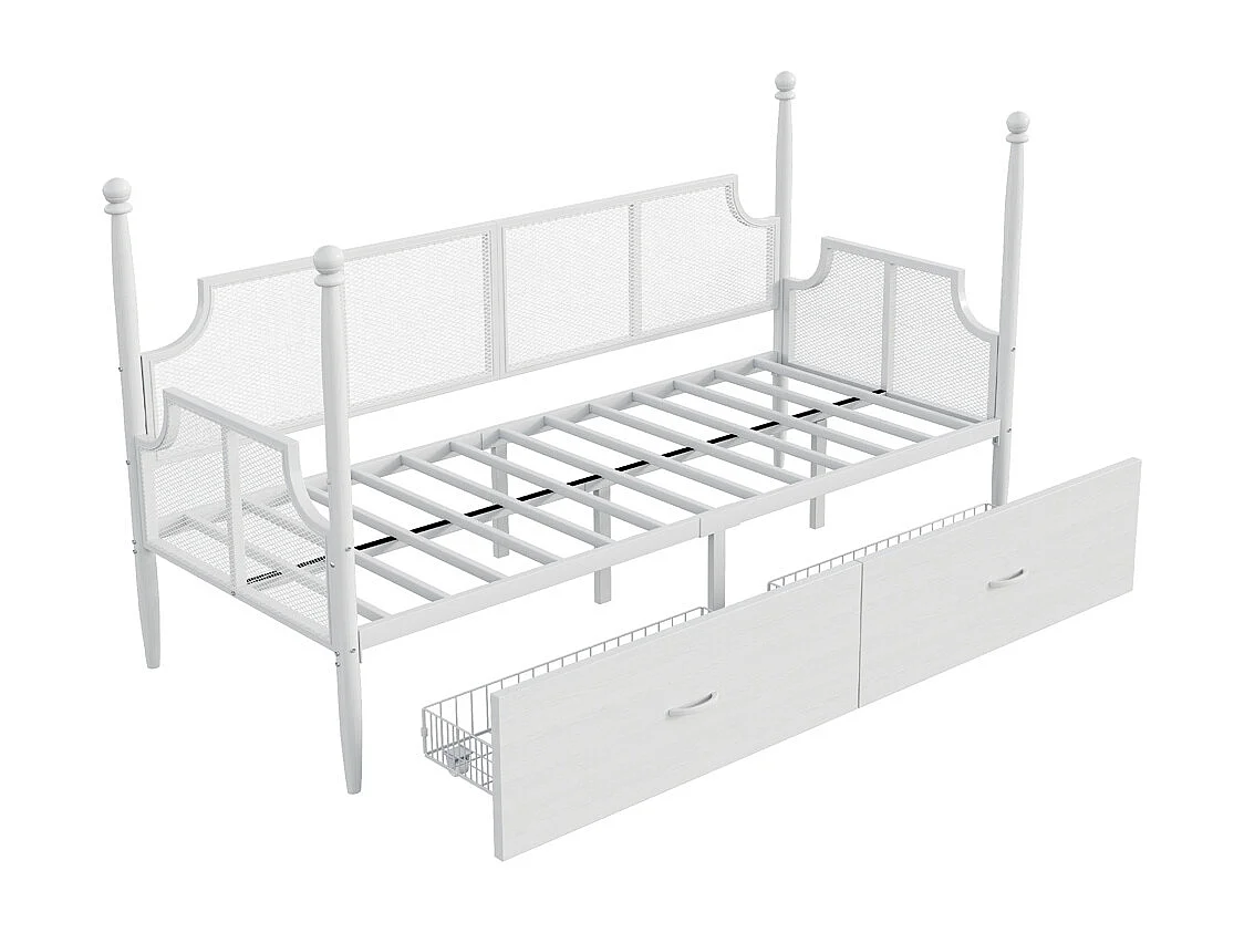 Lit en fer 90x200cm, lit simple avec dossier en filet, accoudoirs et support de colonne, cadre en métal avec compartiments de rangement, lit pour adolescent, blanc