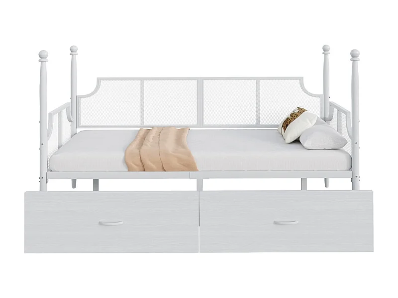 Lit en fer 90x200cm, lit simple avec dossier en filet, accoudoirs et support de colonne, cadre en métal avec compartiments de rangement, lit pour adolescent, blanc