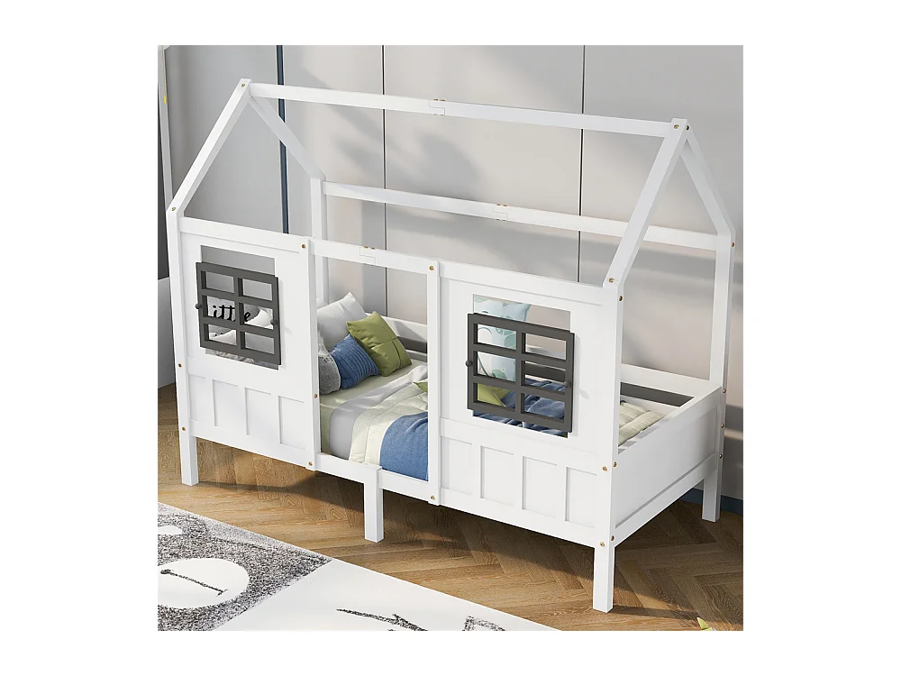 Lit jeune lit 90x200 cm lit 2 fenêtres lit pincadre lit simple bois massif blanc