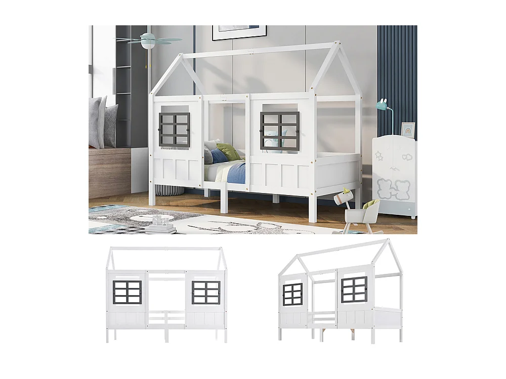 Lit jeune lit 90x200 cm lit 2 fenêtres lit pincadre lit simple bois massif blanc