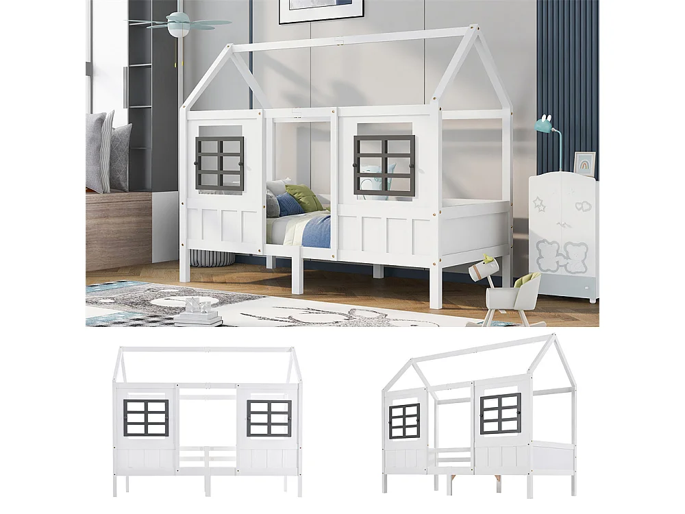 Lit jeune lit 90x200 cm lit 2 fenêtres lit pincadre lit simple bois massif blanc