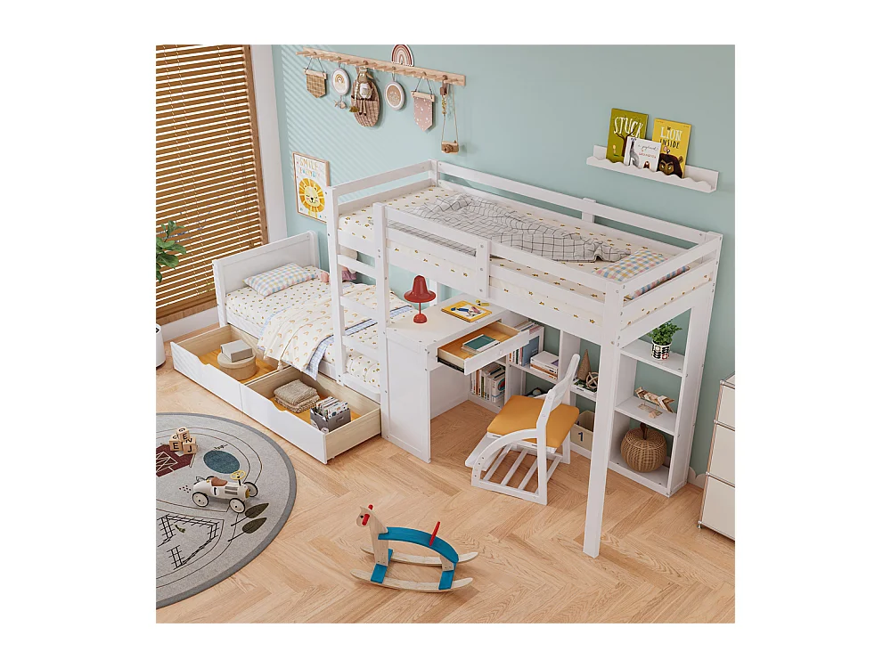 Lit jeune lit 90x200 cm lit superposé avec 2 tiroirs lit double avec bureau et étagère ouverte pin blanc