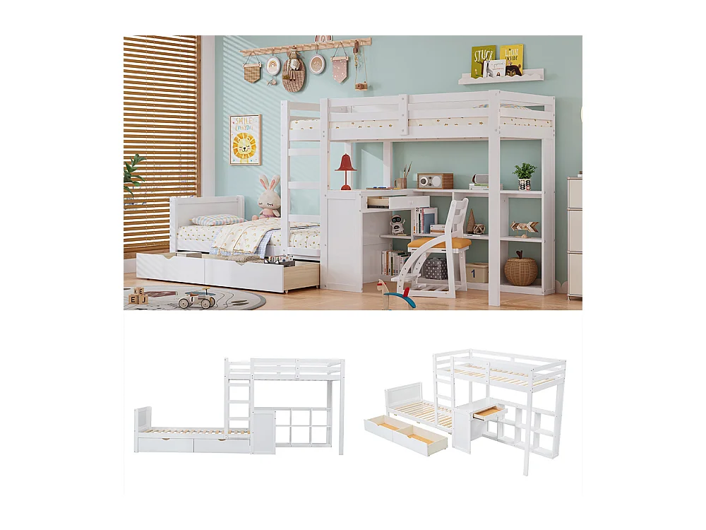 Lit jeune lit 90x200 cm lit superposé avec 2 tiroirs lit double avec bureau et étagère ouverte pin blanc