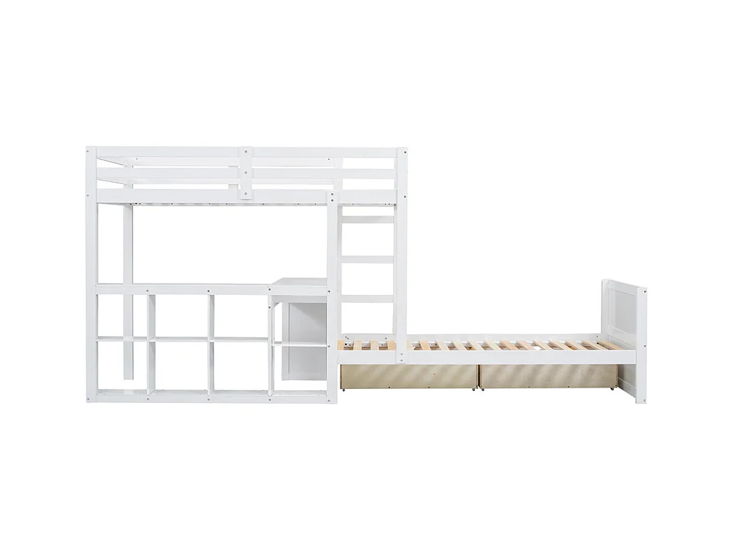 Lit jeune lit 90x200 cm lit superposé avec 2 tiroirs lit double avec bureau et étagère ouverte pin blanc