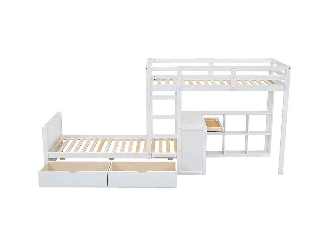 Lit jeune lit 90x200 cm lit superposé avec 2 tiroirs lit double avec bureau et étagère ouverte pin blanc