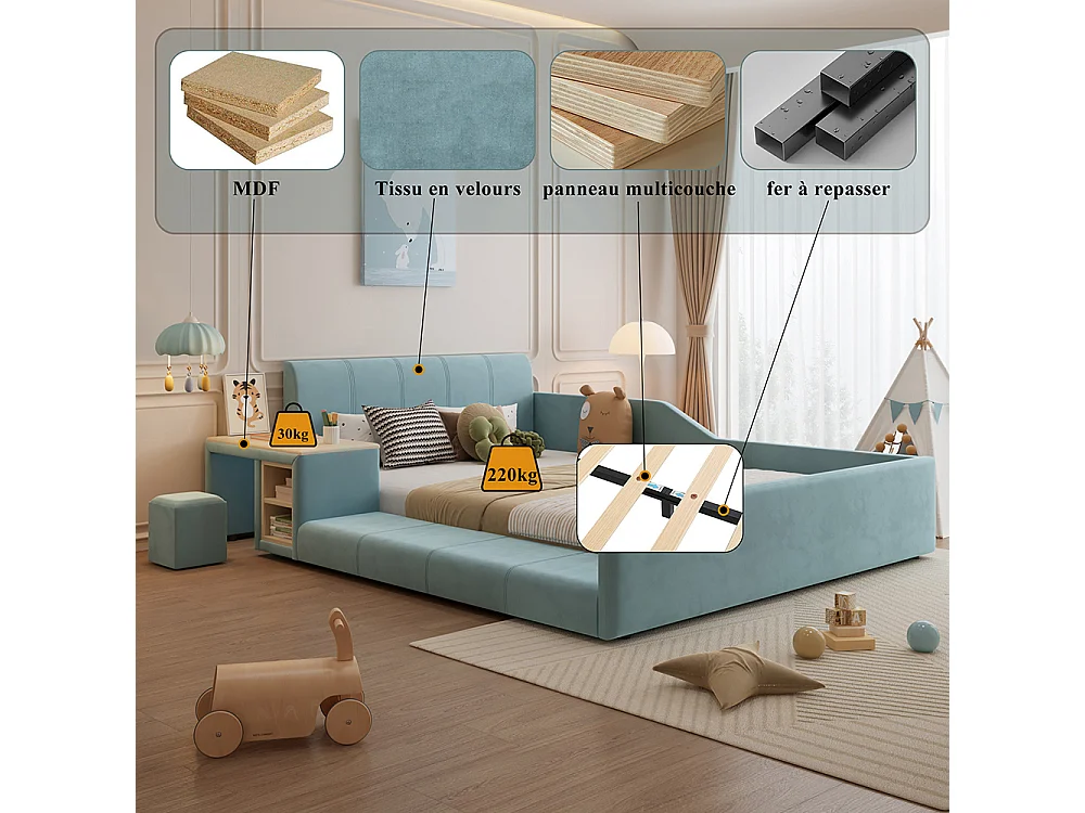Lit rembourré, lit simple 140x200cm, lit d'enfant avec bureau d'enfant, tabouret et lattes en bois, velours, bleu