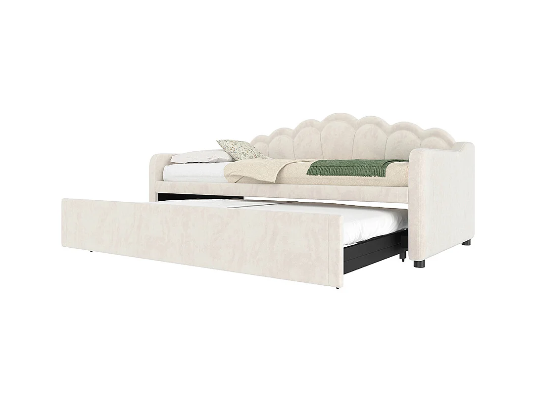 Lit de jour 90x200cm(180x200cm), canapé-lit, lit simple (sans matelas), lit double, avec lit gigogne, bande led aux couleurs changeantes, velours, beige
