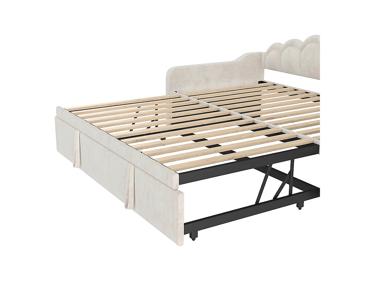 Lit de jour 90x200cm(180x200cm), canapé-lit, lit simple (sans matelas), lit double, avec lit gigogne, bande led aux couleurs changeantes, velours, beige