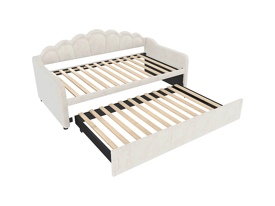 Lit de jour 90x200cm(180x200cm), canapé-lit, lit simple (sans matelas), lit double, avec lit gigogne, bande led aux couleurs changeantes, velours, beige