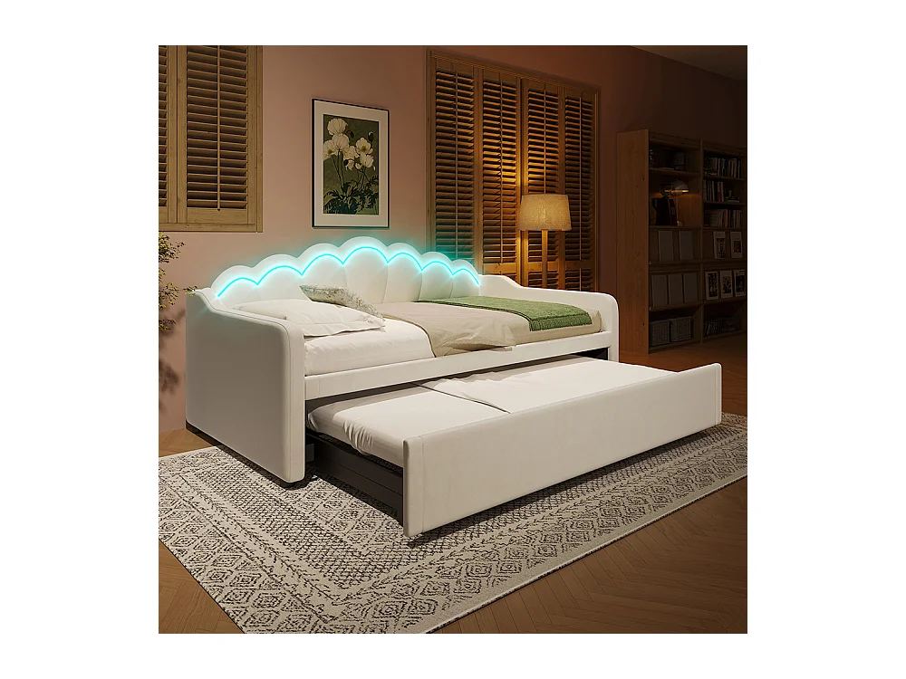 Lit de jour 90x200cm(180x200cm), canapé-lit, lit simple (sans matelas), lit double, avec lit gigogne, bande led aux couleurs changeantes, velours, beige