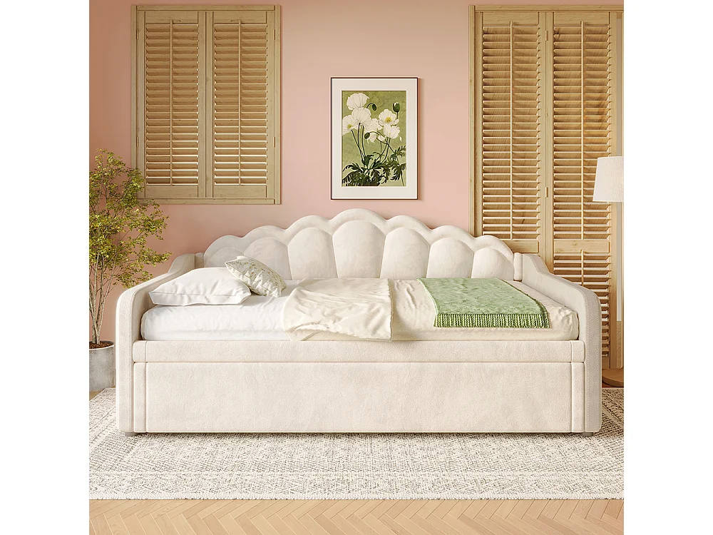 Lit de jour 90x200cm(180x200cm), canapé-lit, lit simple (sans matelas), lit double, avec lit gigogne, bande led aux couleurs changeantes, velours, beige