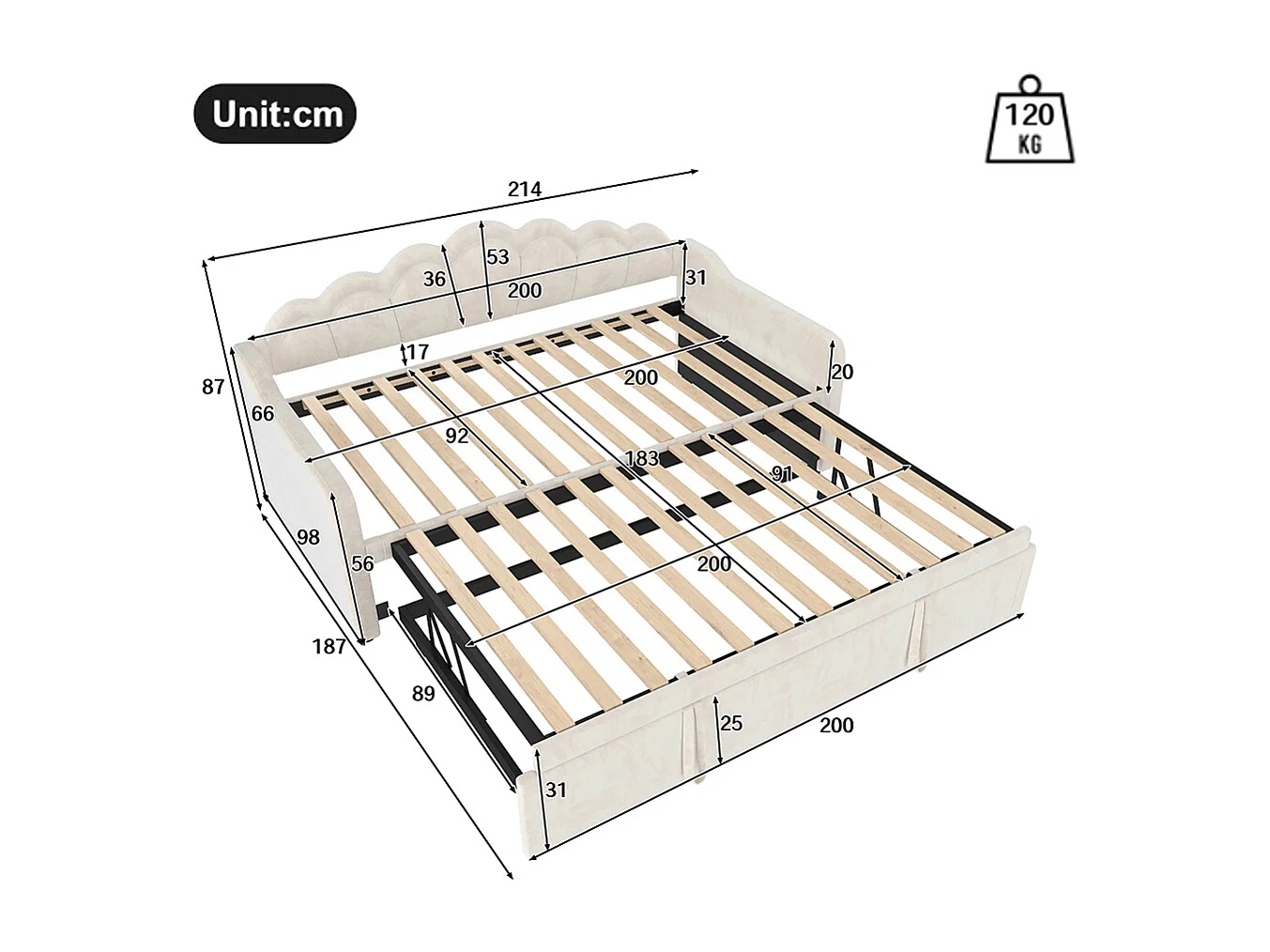 Lit de jour 90x200cm(180x200cm), canapé-lit, lit simple (sans matelas), lit double, avec lit gigogne, bande led aux couleurs changeantes, velours, beige