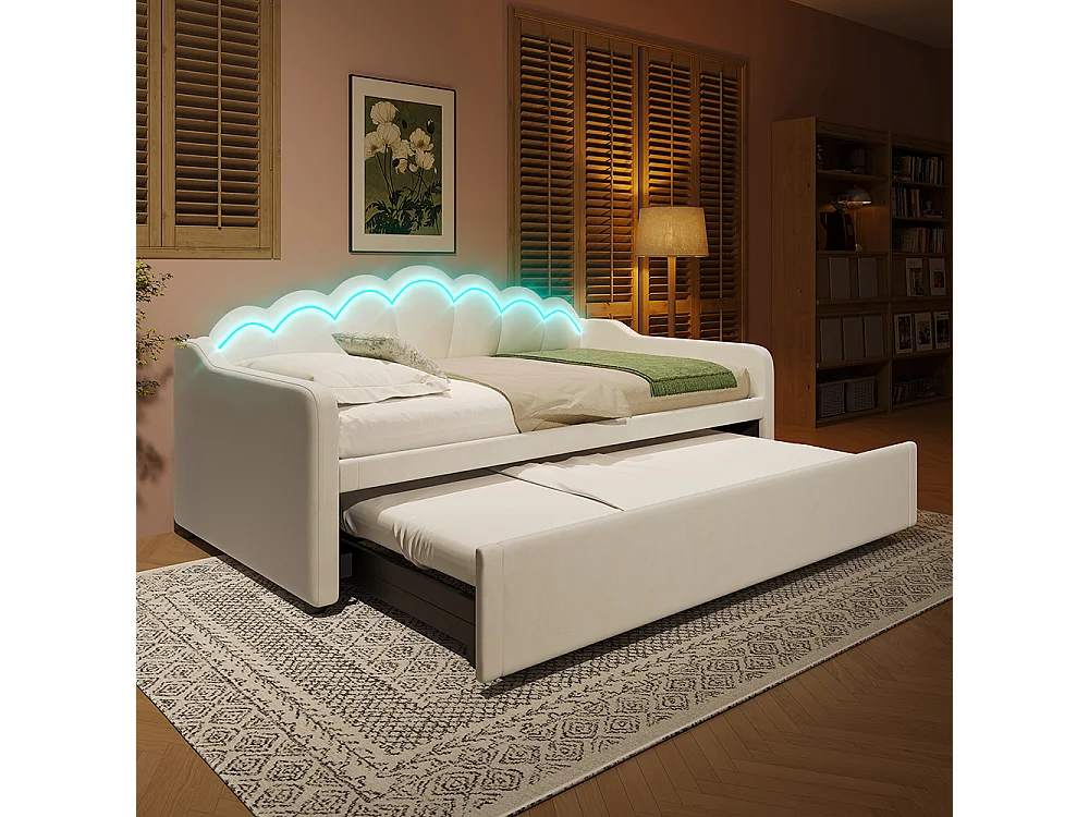Lit de jour 90x200cm(180x200cm), canapé-lit, lit simple (sans matelas), lit double, avec lit gigogne, bande led aux couleurs changeantes, velours, beige