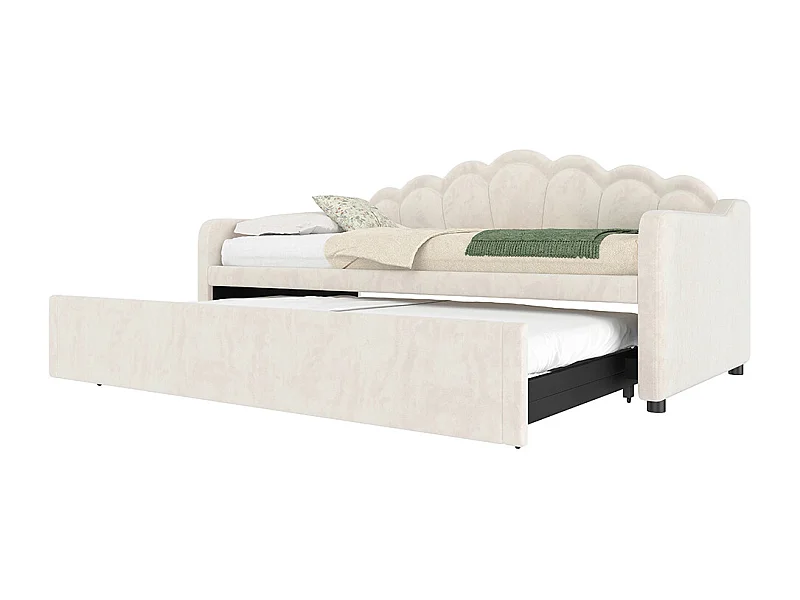 Lit de jour 90x200cm(180x200cm), canapé-lit, lit simple (sans matelas), lit double, avec lit gigogne, bande led aux couleurs changeantes, velours, beige