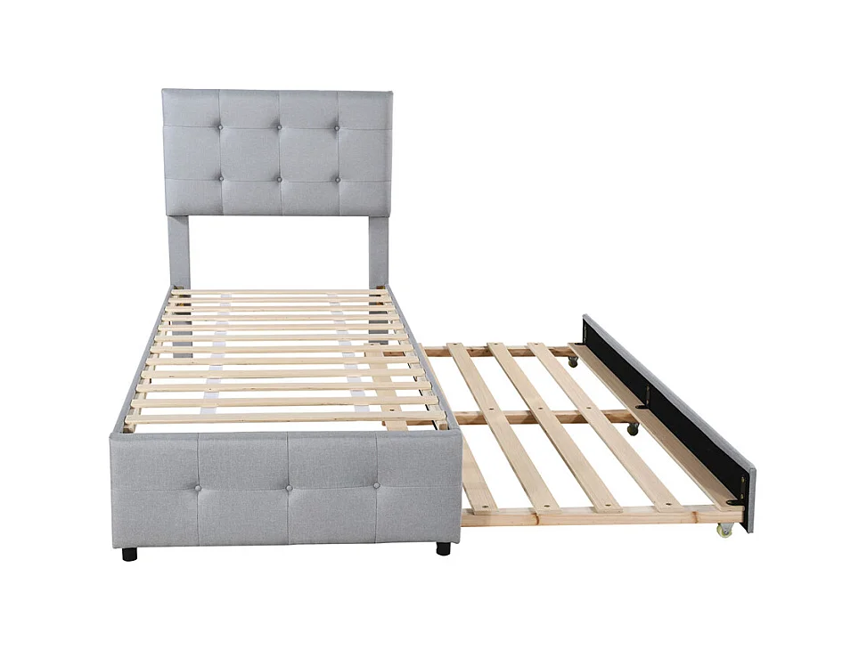 Lit rembourré 90x200cm, lit gigogne enfant, tête de lit réglable, lit simple plat, lit jeune, lit d'appoint, lin, gris