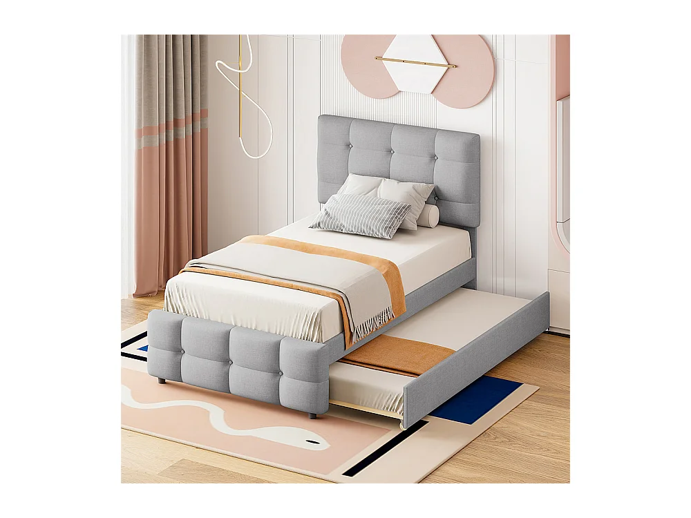 Lit rembourré 90x200cm, lit gigogne enfant, tête de lit réglable, lit simple plat, lit jeune, lit d'appoint, lin, gris