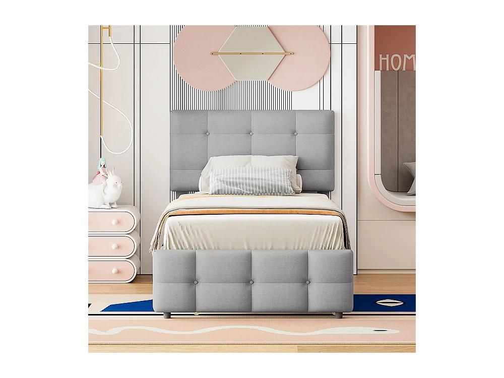 Lit rembourré 90x200cm, lit gigogne enfant, tête de lit réglable, lit simple plat, lit jeune, lit d'appoint, lin, gris