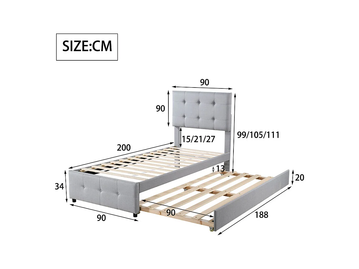 Lit rembourré 90x200cm, lit gigogne enfant, tête de lit réglable, lit simple plat, lit jeune, lit d'appoint, lin, gris